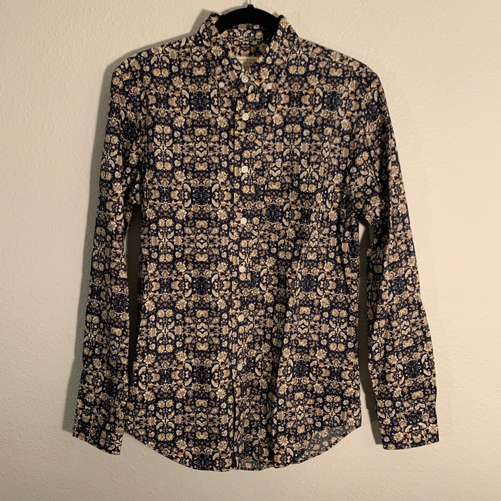 Club Monaco Men XS Navy Tan Print Button Down